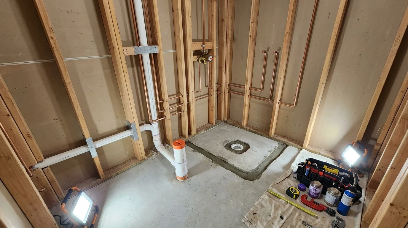 Bathroom rough-in plumbing during remodel by Johns Plumbing LLC in Tea