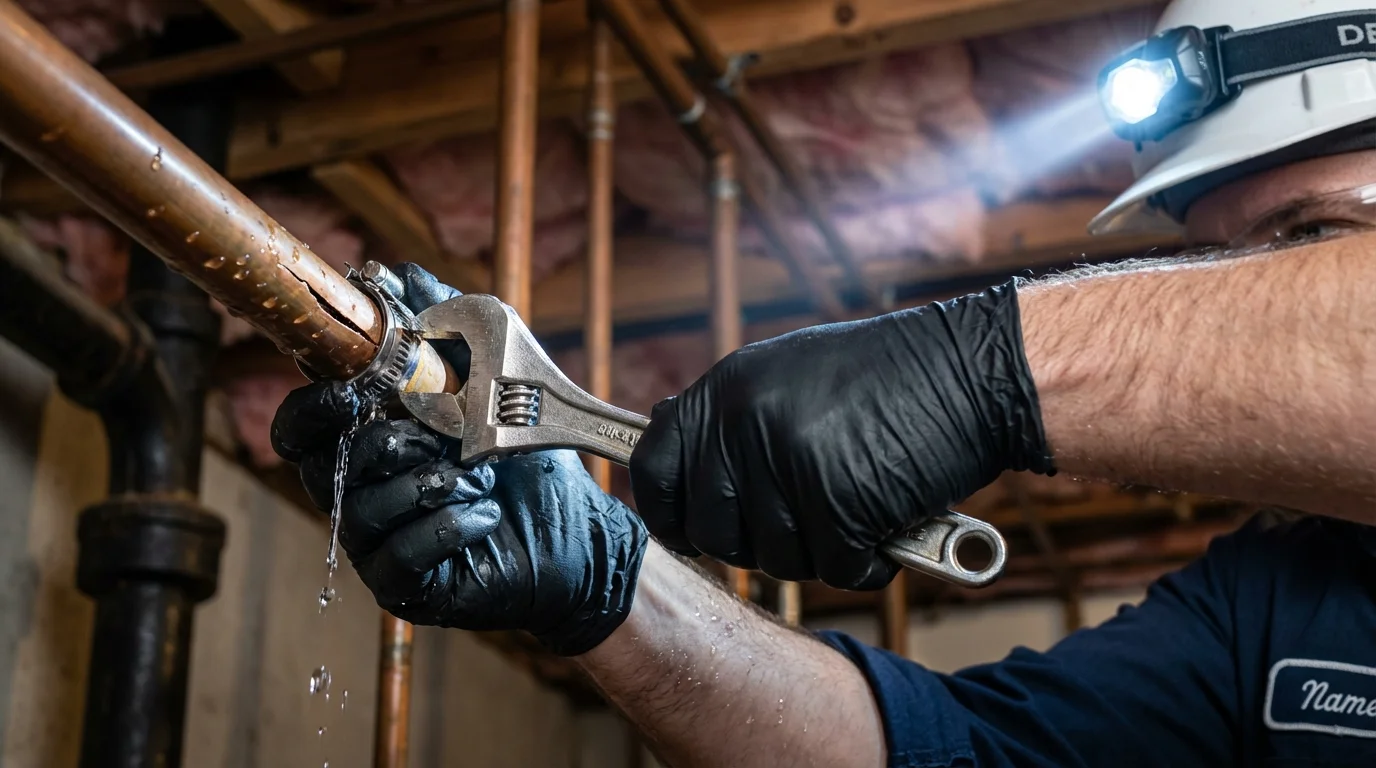 Emergency pipe clamp repair being performed by a Johns Plumbing LLC plumber in Tea