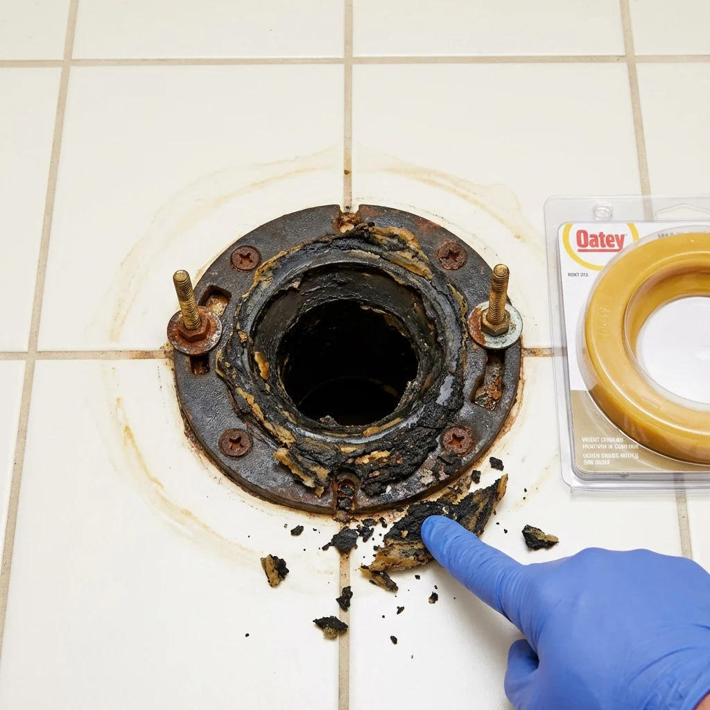 Failed wax ring showing water seepage at the base of a toilet in a Tea, SD home