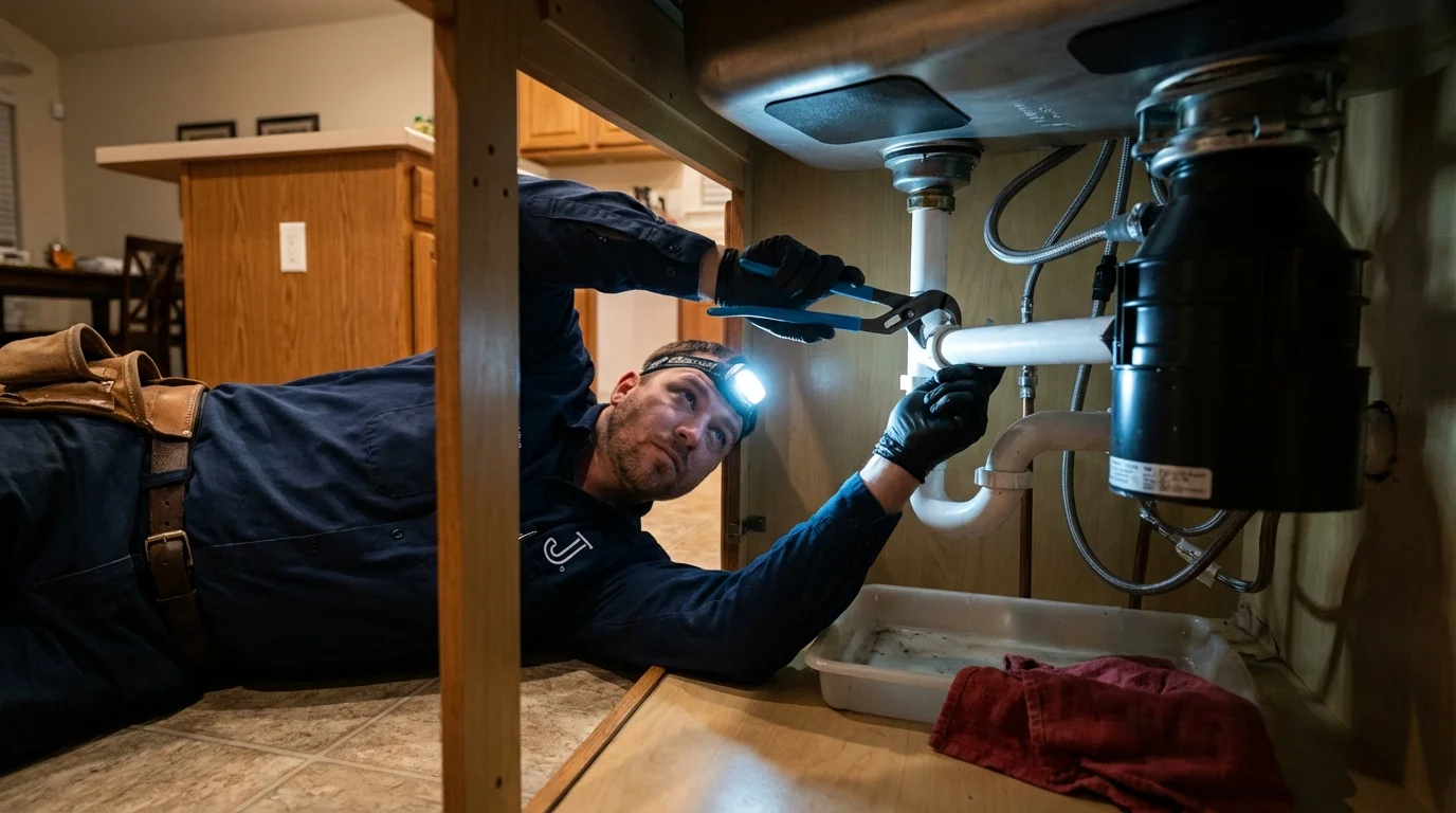 P-trap and supply line connections under a kitchen sink showing a common leak point in Tea, SD